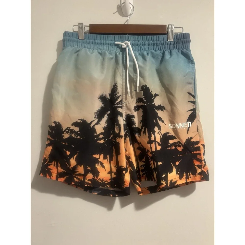 Sonneti London Swim Trunks Mens Size‎ Small Palm Tree Beach Board Shorts Sunset